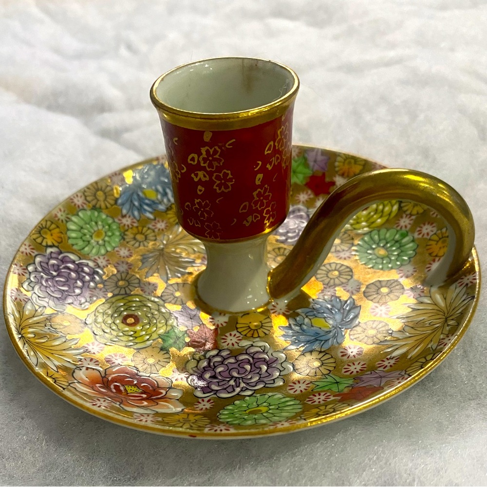 Vintage Japanese Kutani Porcelain Candlestick Holder W/Handle